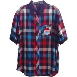 Red Ape Button Down Shirt Size L Short Sleeve Red White Blue Black